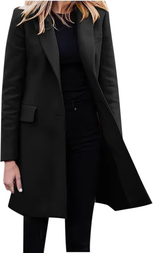 YRAETENM Women's Wool Blend Pea Coats Winter Casual Lapel Collar Open Front Cardigan Windproof Long Blazer Jackets Outwear