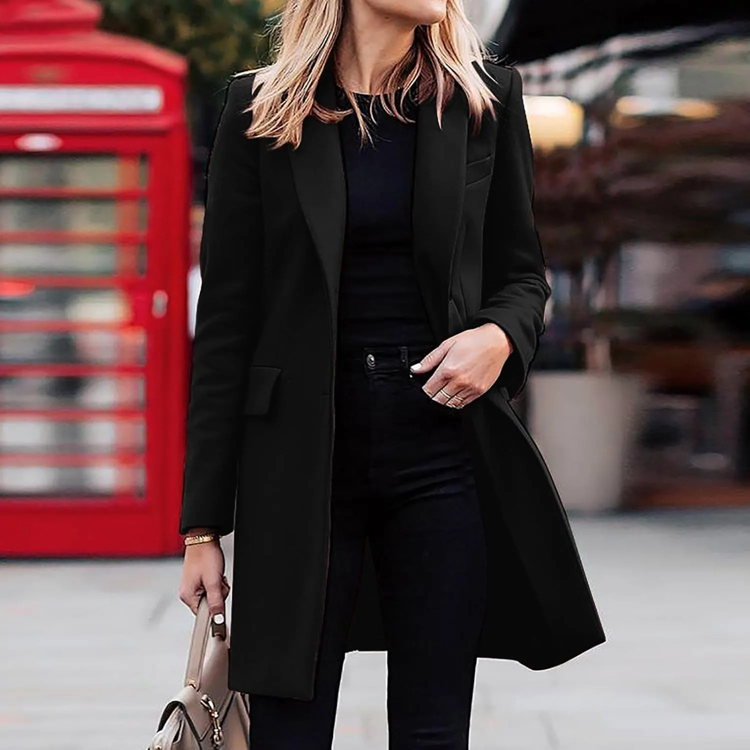 YRAETENM Women's Wool Blend Pea Coats Winter Casual Lapel Collar Open Front Cardigan Windproof Long Blazer Jackets Outwear