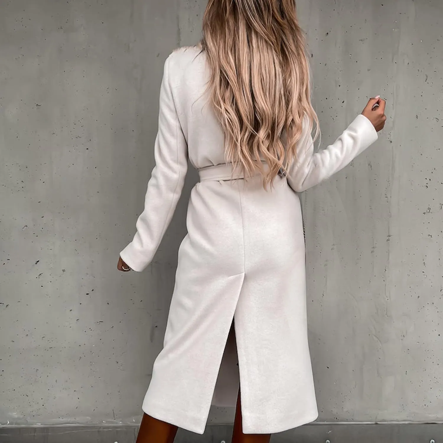 YRAETENM Wool Coats for Women Casual Notch Lapel Belted Mid Long Trench Coats Peacoats Fall Winter Warm Wrap Coats Overcoat