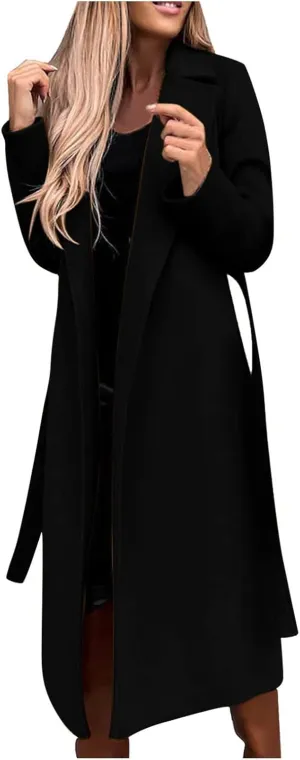 YRAETENM Wool Coats for Women Casual Notch Lapel Belted Mid Long Trench Coats Peacoats Fall Winter Warm Wrap Coats Overcoat