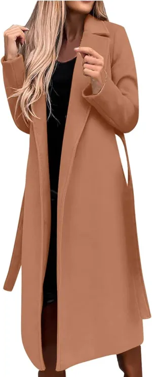 YRAETENM Wool Coats for Women Casual Notch Lapel Belted Mid Long Trench Coats Peacoats Fall Winter Warm Wrap Coats Overcoat