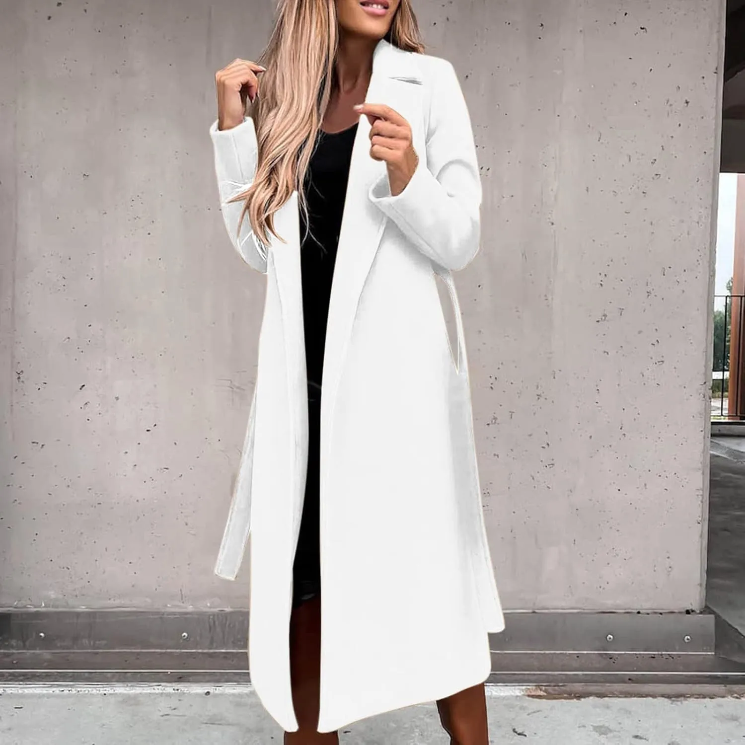 YRAETENM Wool Coats for Women Casual Notch Lapel Belted Mid Long Trench Coats Peacoats Fall Winter Warm Wrap Coats Overcoat