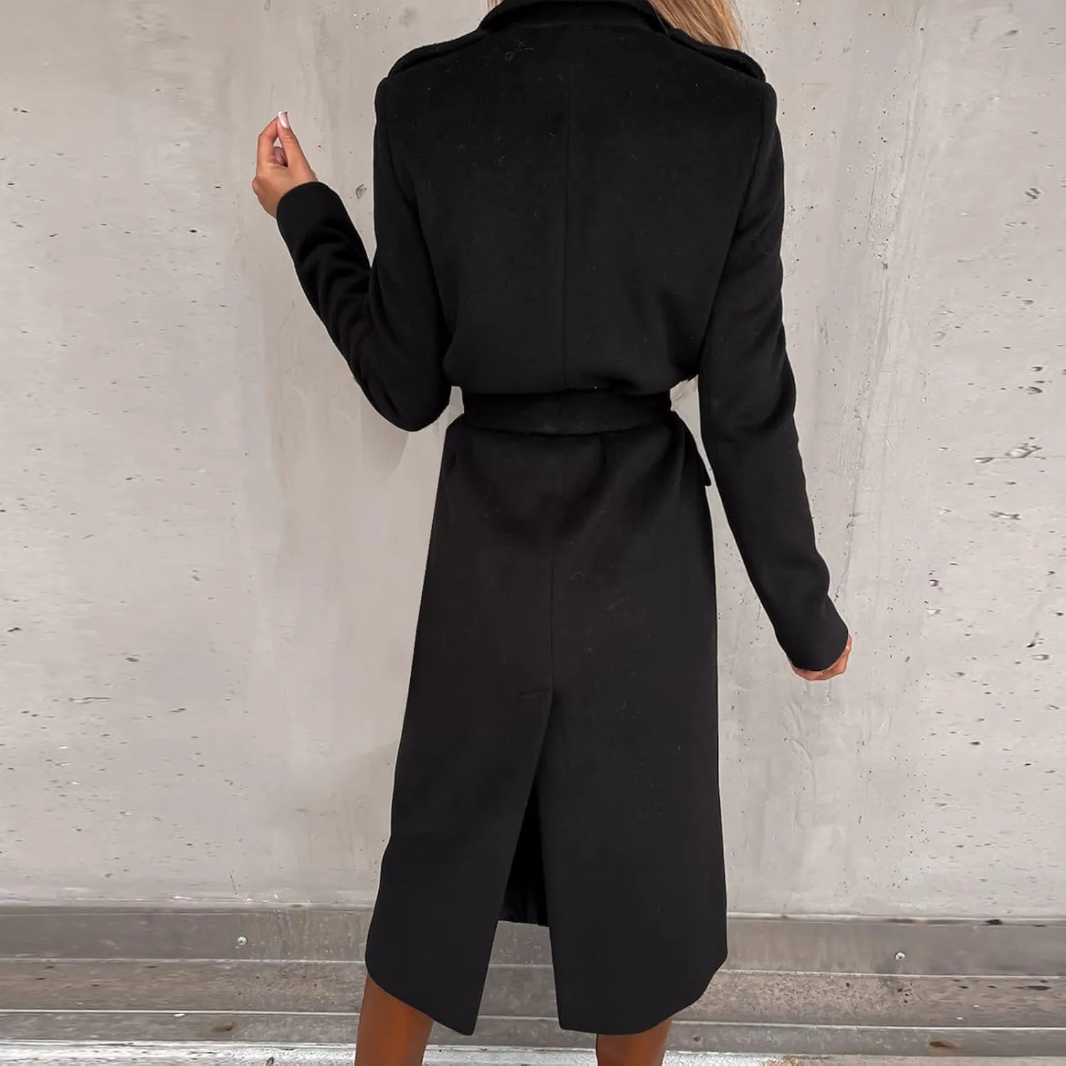 YRAETENM Wool Coats for Women Casual Notch Lapel Belted Mid Long Trench Coats Peacoats Fall Winter Warm Wrap Coats Overcoat