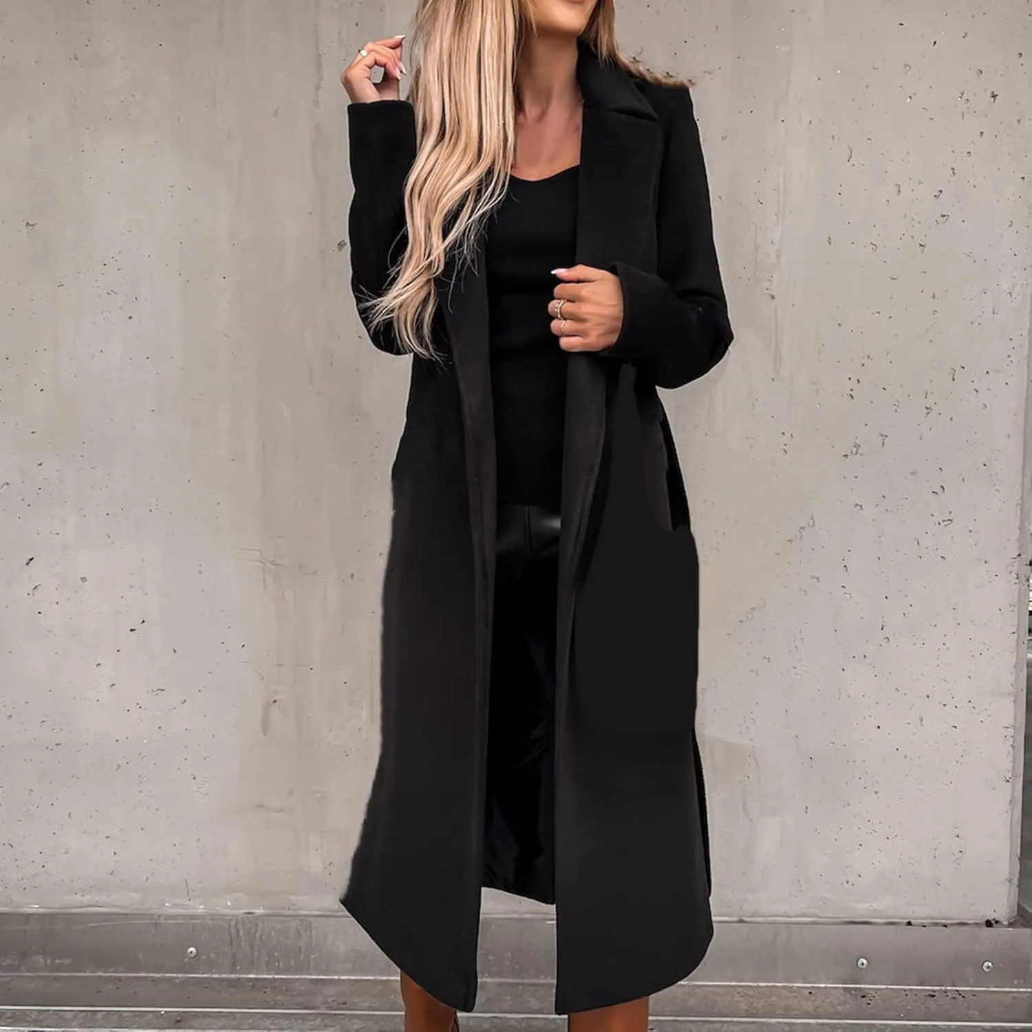 YRAETENM Wool Coats for Women Casual Notch Lapel Belted Mid Long Trench Coats Peacoats Fall Winter Warm Wrap Coats Overcoat