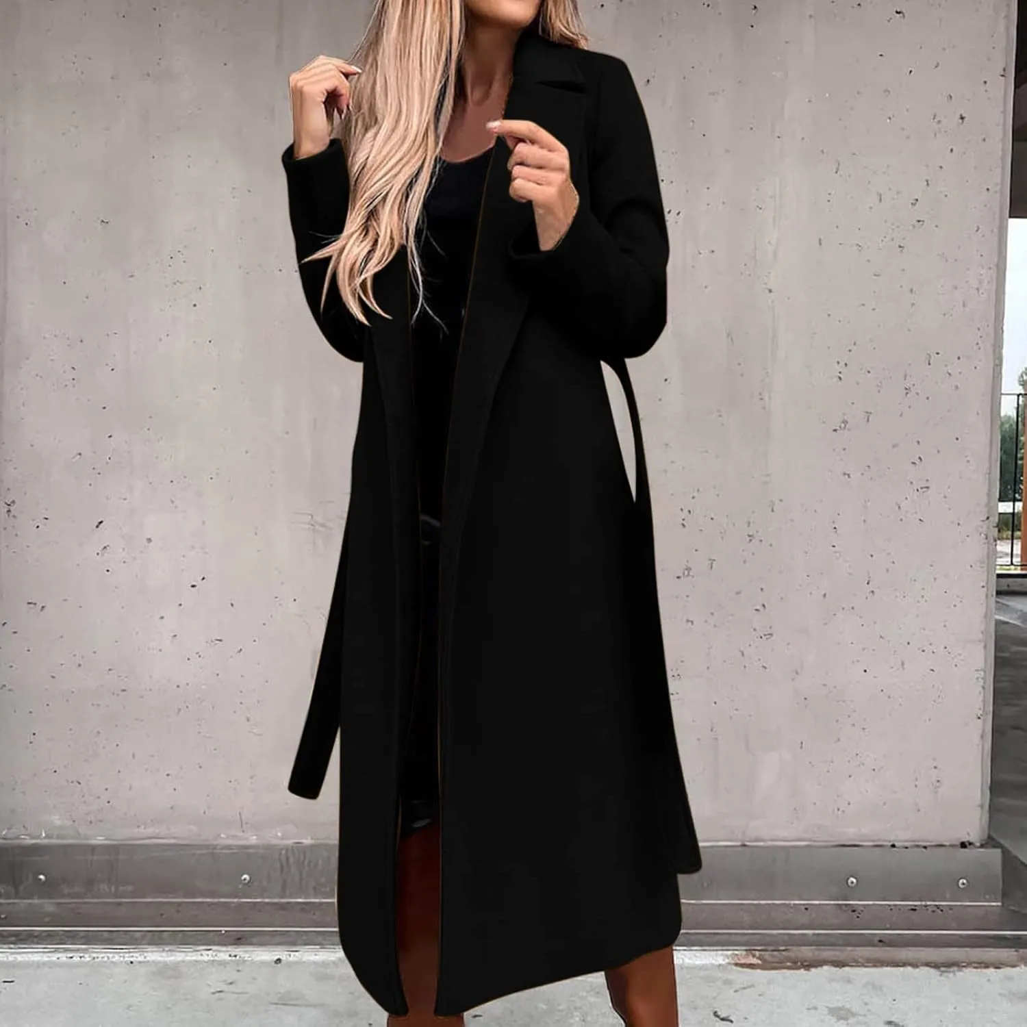YRAETENM Wool Coats for Women Casual Notch Lapel Belted Mid Long Trench Coats Peacoats Fall Winter Warm Wrap Coats Overcoat