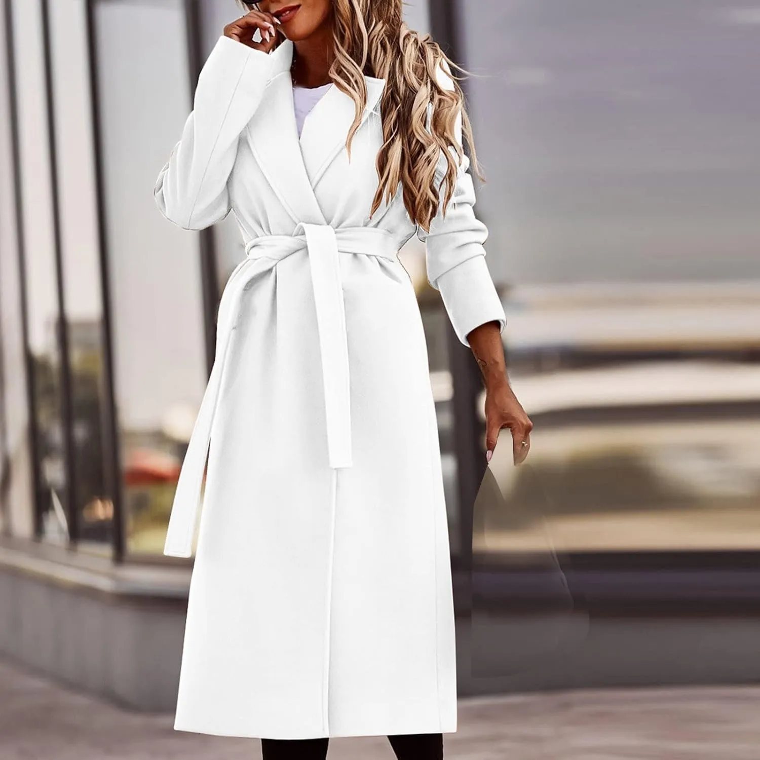 YRAETENM Wool Coats for Women Casual Notch Lapel Belted Mid Long Trench Coats Peacoats Fall Winter Warm Wrap Coats Overcoat