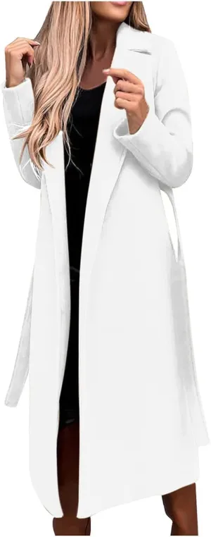 YRAETENM Wool Coats for Women Casual Notch Lapel Belted Mid Long Trench Coats Peacoats Fall Winter Warm Wrap Coats Overcoat