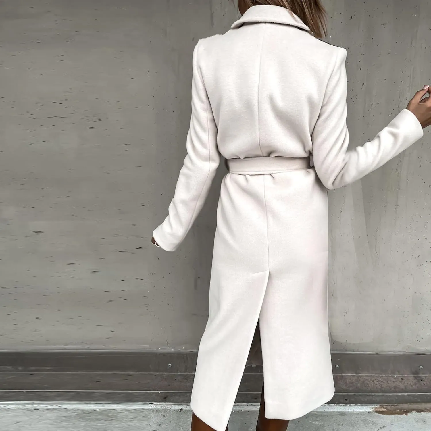 YRAETENM Wool Coats for Women Casual Notch Lapel Belted Mid Long Trench Coats Peacoats Fall Winter Warm Wrap Coats Overcoat