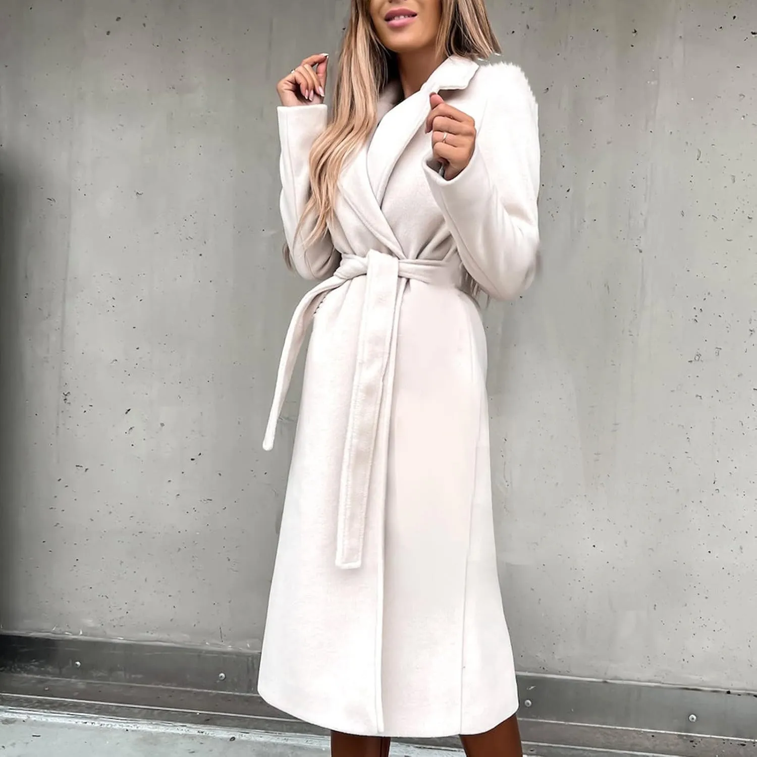 YRAETENM Wool Coats for Women Casual Notch Lapel Belted Mid Long Trench Coats Peacoats Fall Winter Warm Wrap Coats Overcoat
