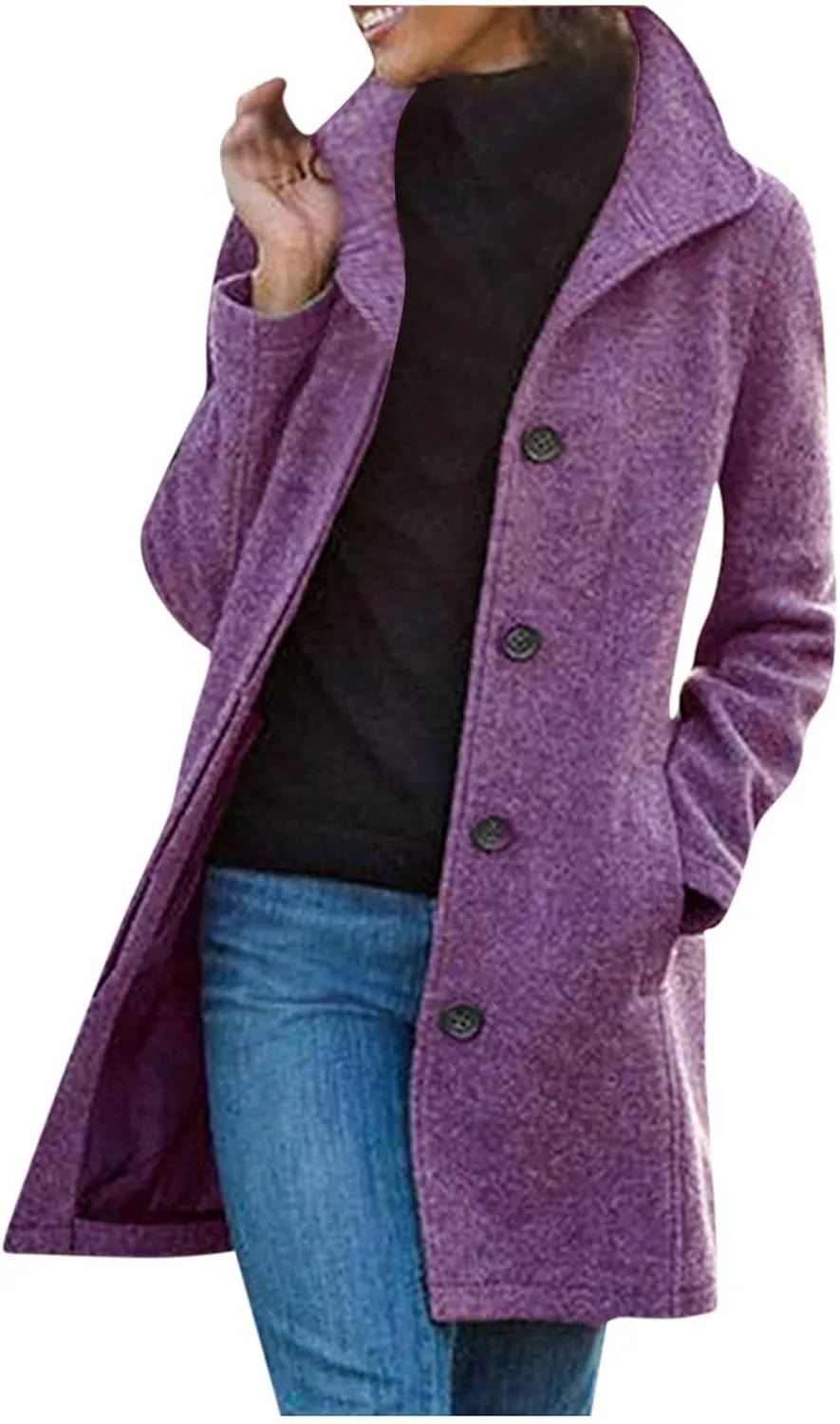 YRAETENM Wool Coats for Women Casual Thicken Stand Collar Single Breasted Pea Coat Fall Winter Mid-Length Overcoat Outerwear