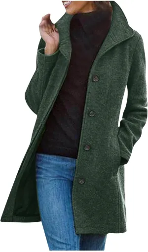 YRAETENM Wool Coats for Women Casual Thicken Stand Collar Single Breasted Pea Coat Fall Winter Mid-Length Overcoat Outerwear