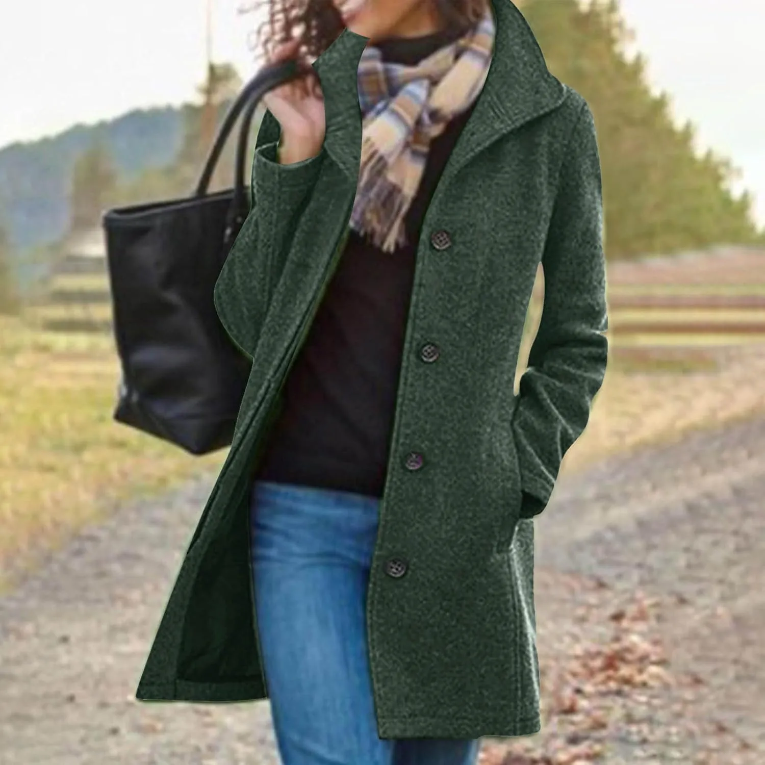 YRAETENM Wool Coats for Women Casual Thicken Stand Collar Single Breasted Pea Coat Fall Winter Mid-Length Overcoat Outerwear