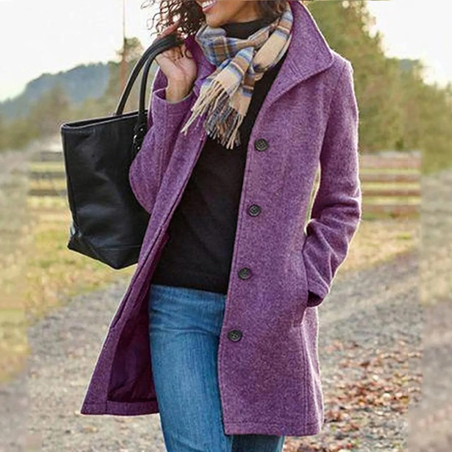 YRAETENM Wool Coats for Women Casual Thicken Stand Collar Single Breasted Pea Coat Fall Winter Mid-Length Overcoat Outerwear