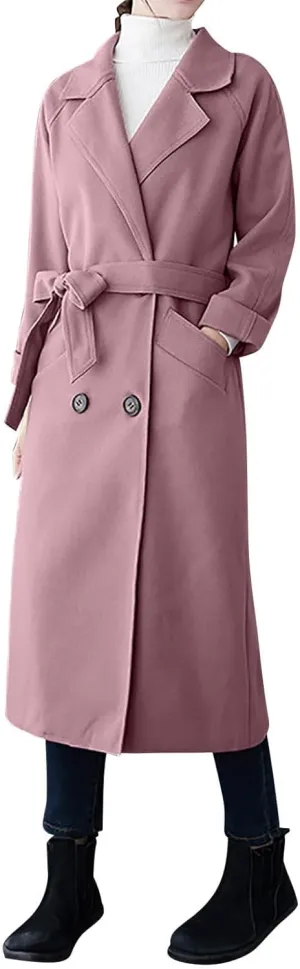 YRAETENM Wool Trench Coats for Women Lapel Collar Double Breasted Pea Coats Winter Casual Thick Mid-Length Outwear with Belt