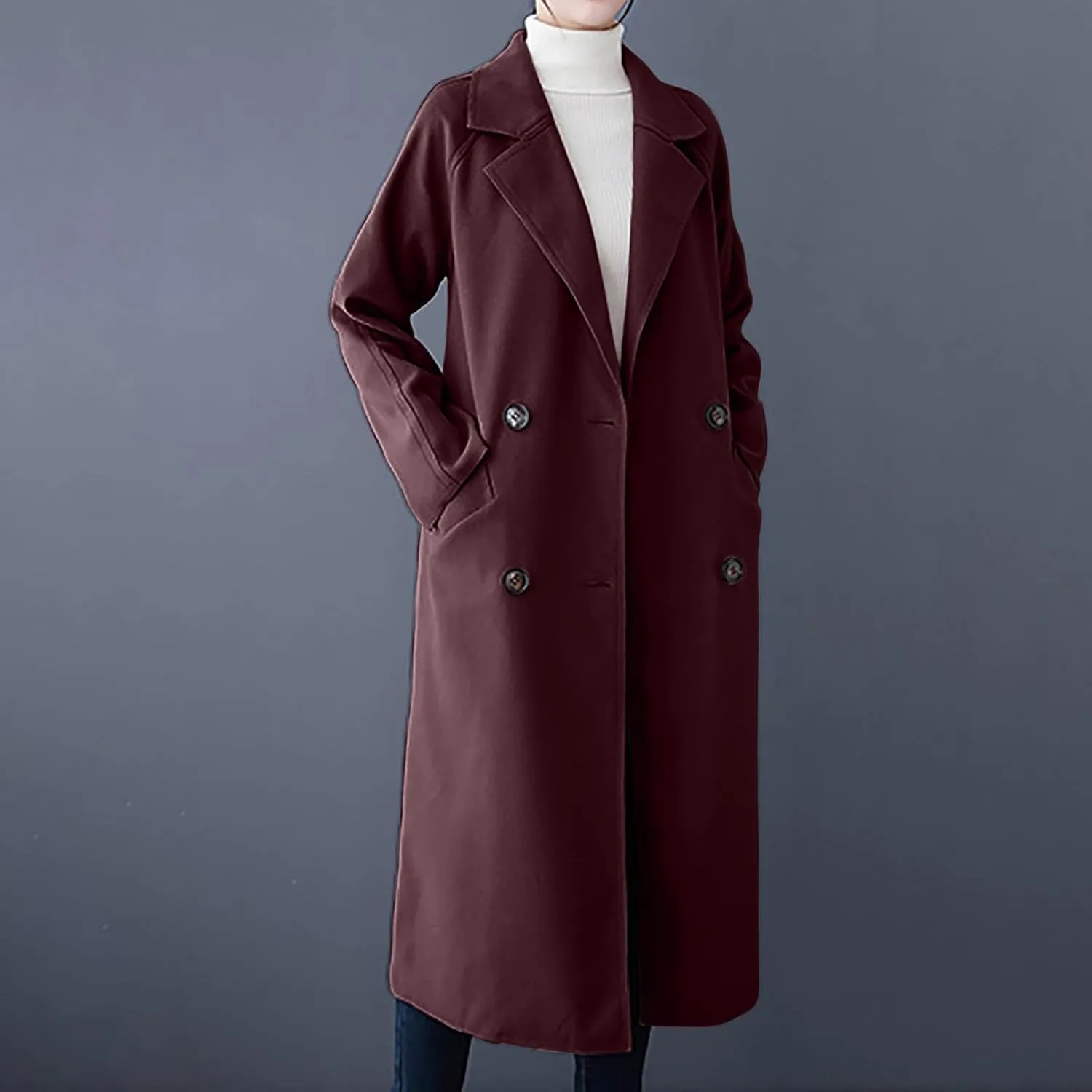 YRAETENM Wool Trench Coats for Women Lapel Collar Double Breasted Pea Coats Winter Casual Thick Mid-Length Outwear with Belt