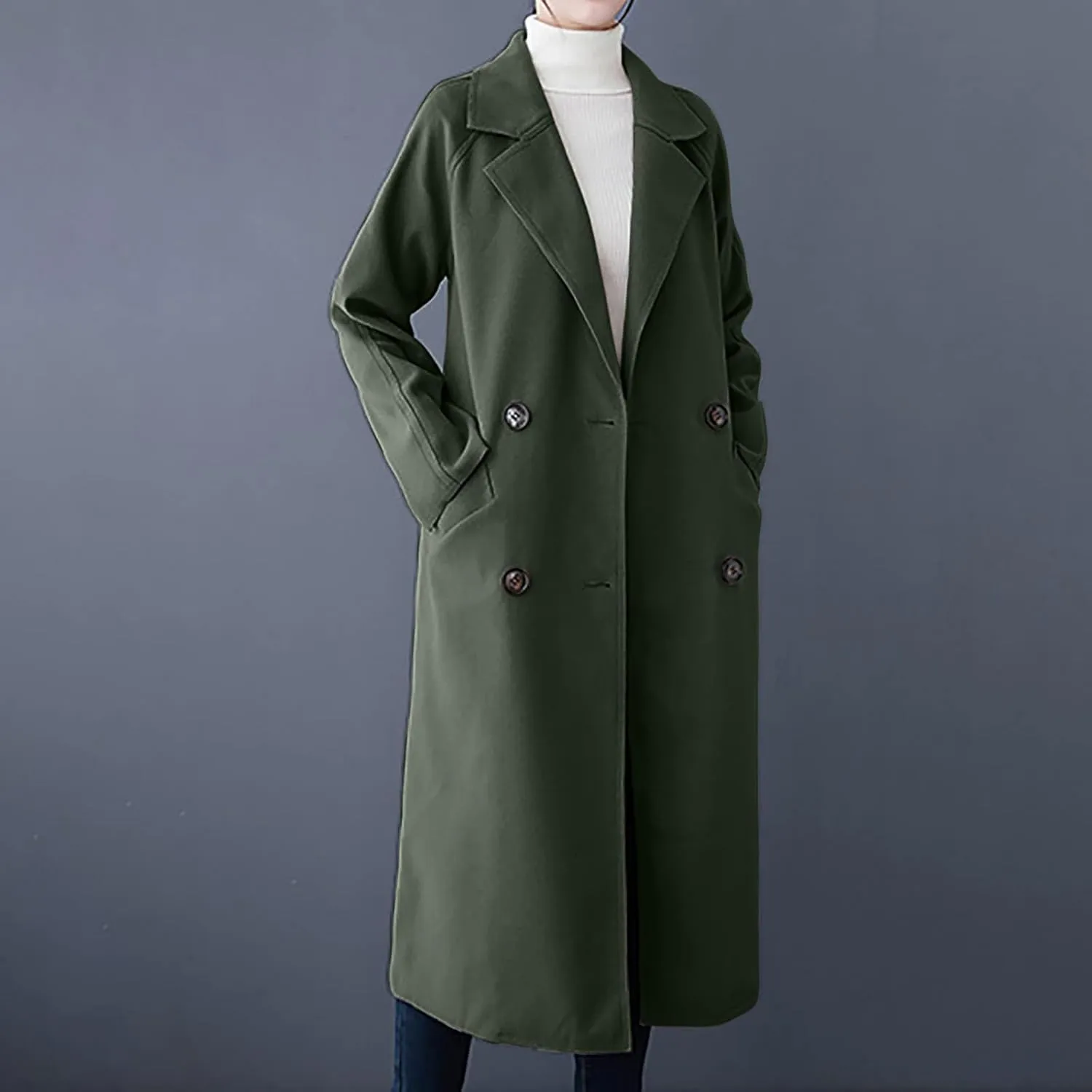 YRAETENM Wool Trench Coats for Women Lapel Collar Double Breasted Pea Coats Winter Casual Thick Mid-Length Outwear with Belt