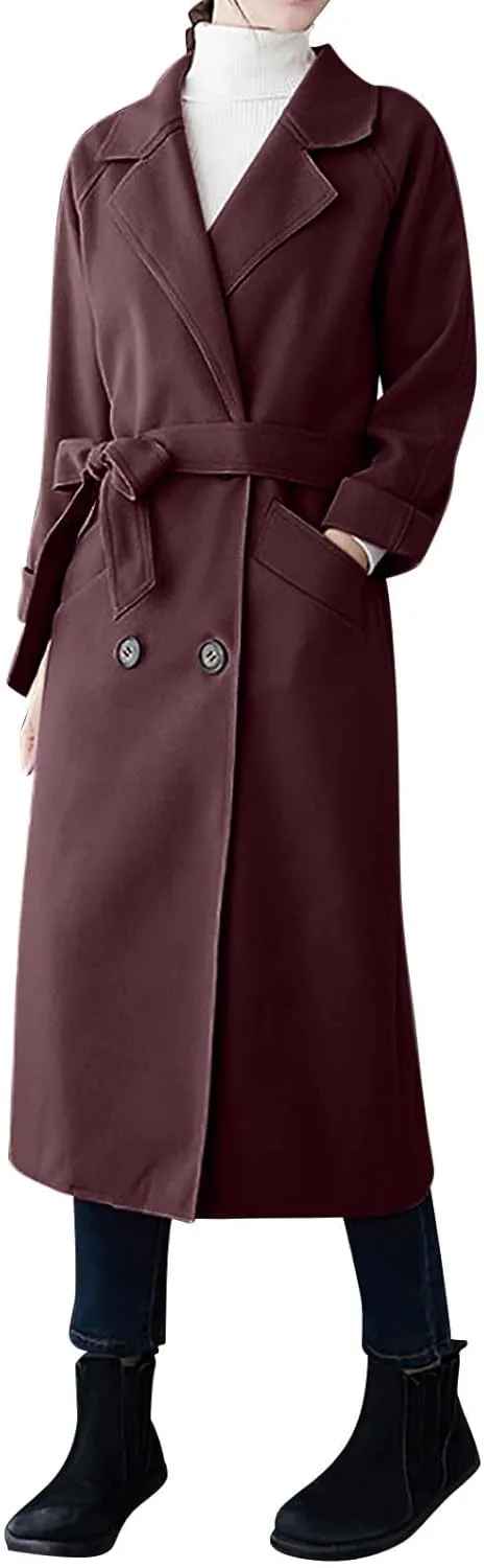 YRAETENM Wool Trench Coats for Women Lapel Collar Double Breasted Pea Coats Winter Casual Thick Mid-Length Outwear with Belt