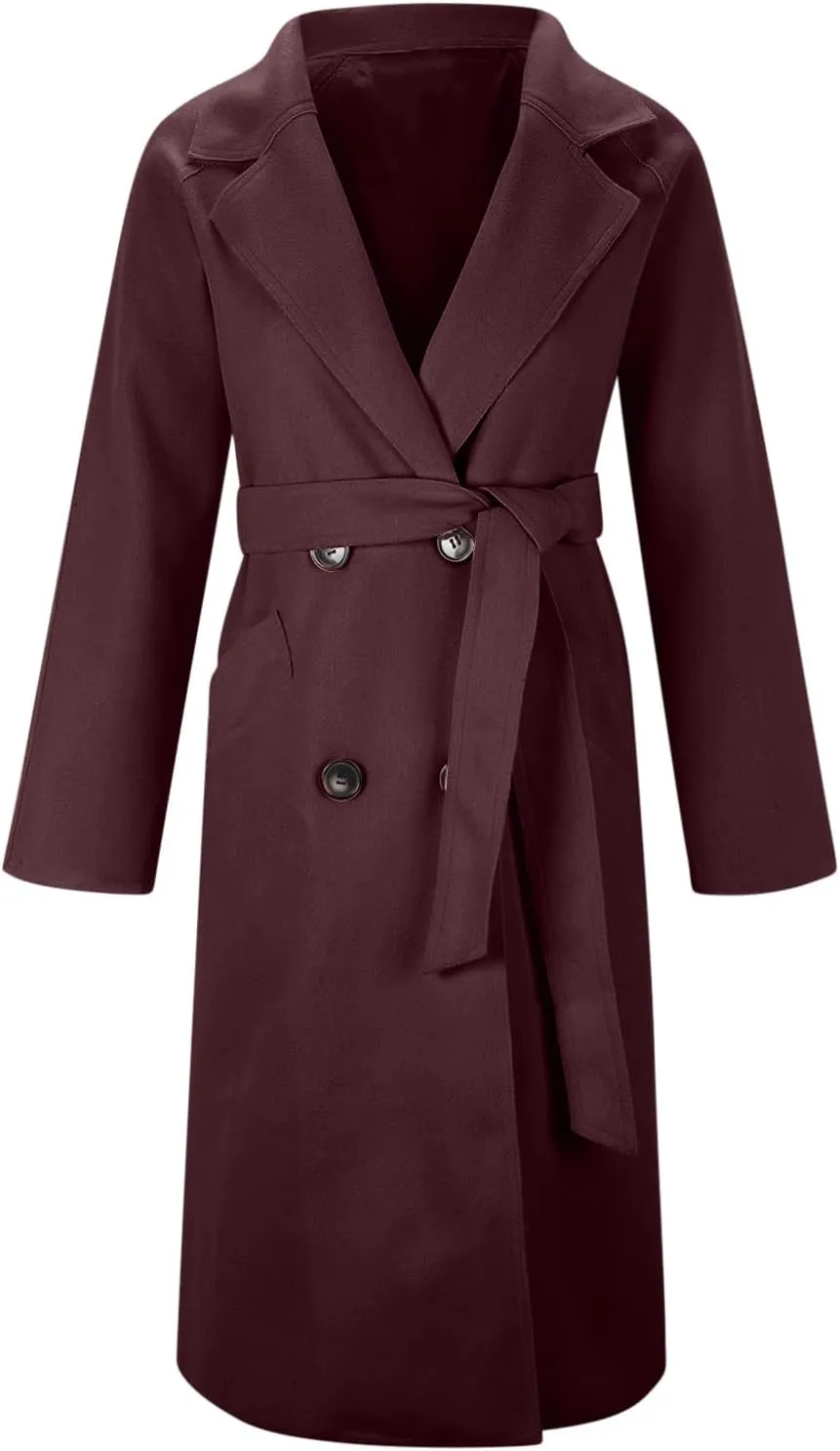 YRAETENM Wool Trench Coats for Women Lapel Collar Double Breasted Pea Coats Winter Casual Thick Mid-Length Outwear with Belt