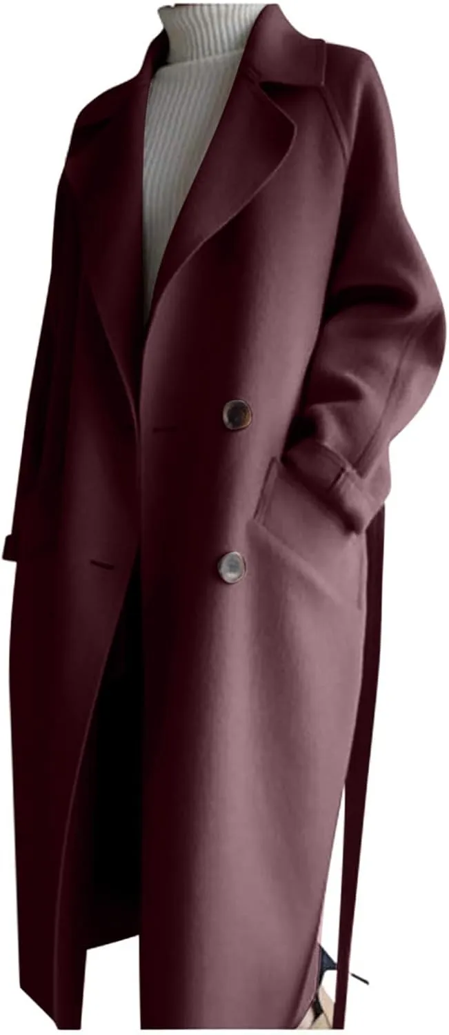 YRAETENM Wool Trench Coats for Women Lapel Collar Double Breasted Pea Coats Winter Casual Thick Mid-Length Outwear with Belt
