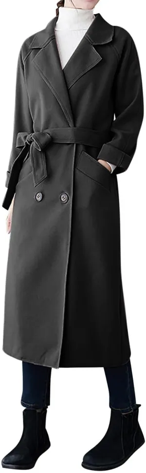YRAETENM Wool Trench Coats for Women Lapel Collar Double Breasted Pea Coats Winter Casual Thick Mid-Length Outwear with Belt