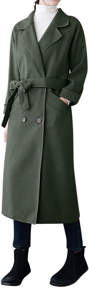 YRAETENM Wool Trench Coats for Women Lapel Collar Double Breasted Pea Coats Winter Casual Thick Mid-Length Outwear with Belt