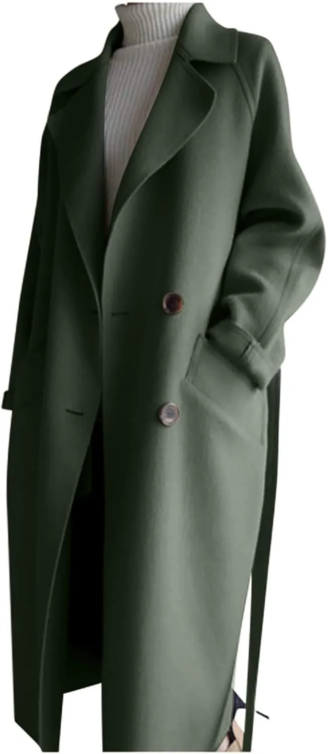 YRAETENM Wool Trench Coats for Women Lapel Collar Double Breasted Pea Coats Winter Casual Thick Mid-Length Outwear with Belt