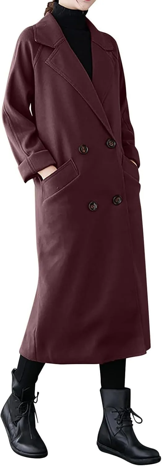 YRAETENM Wool Trench Coats for Women Lapel Collar Double Breasted Pea Coats Winter Casual Thick Mid-Length Outwear with Belt