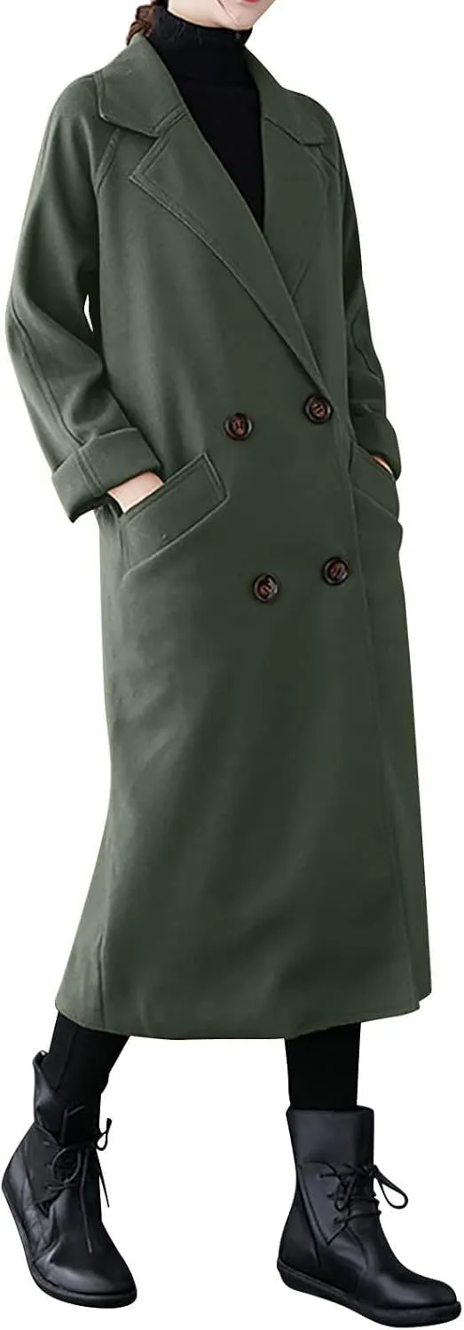 YRAETENM Wool Trench Coats for Women Lapel Collar Double Breasted Pea Coats Winter Casual Thick Mid-Length Outwear with Belt