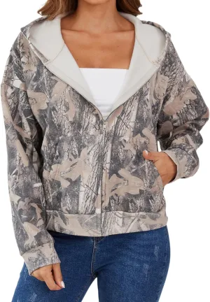 Ythomm Womens Zipper Camo Hoodies Maple Leaf Graphic Zip Up Fleece Hooded Sweatshirts Retro Baggy Fall Drop Shoulder Hoodies