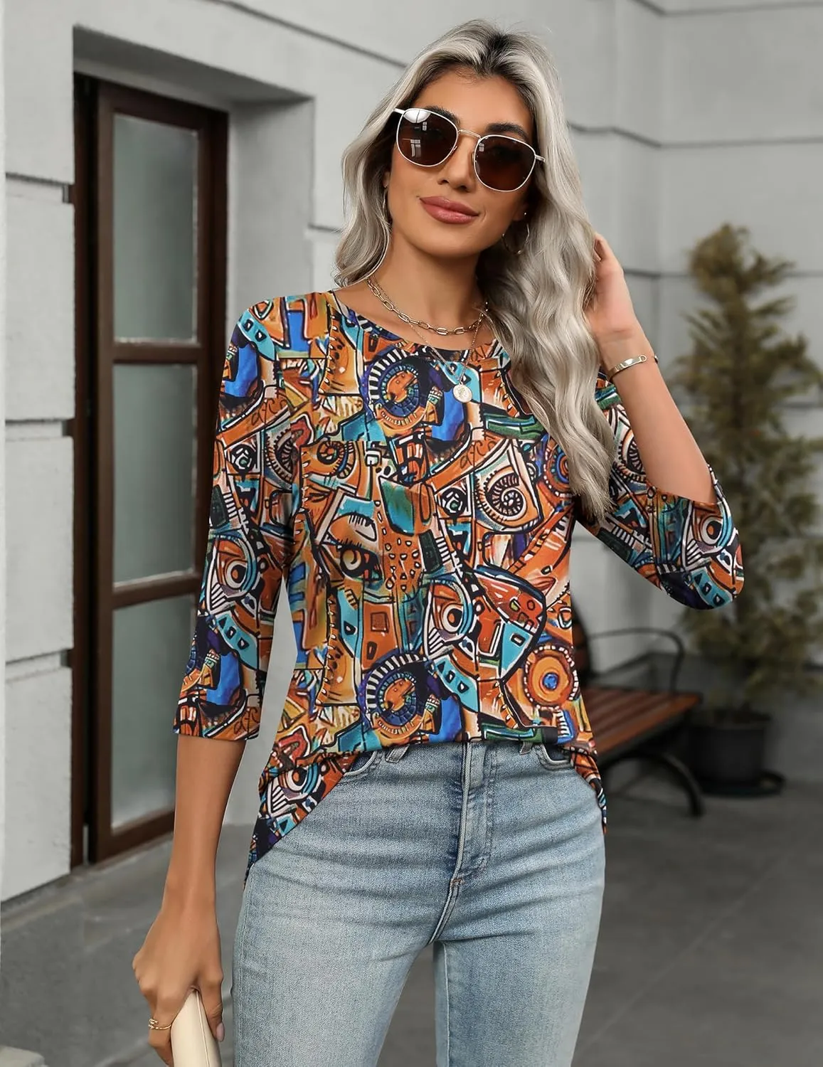 Zeagoo Women's Casual 3/4 Sleeve T-Shirts Round Neck Cute Tunic Tops Basic Tees Blouses Business Work Tee Top