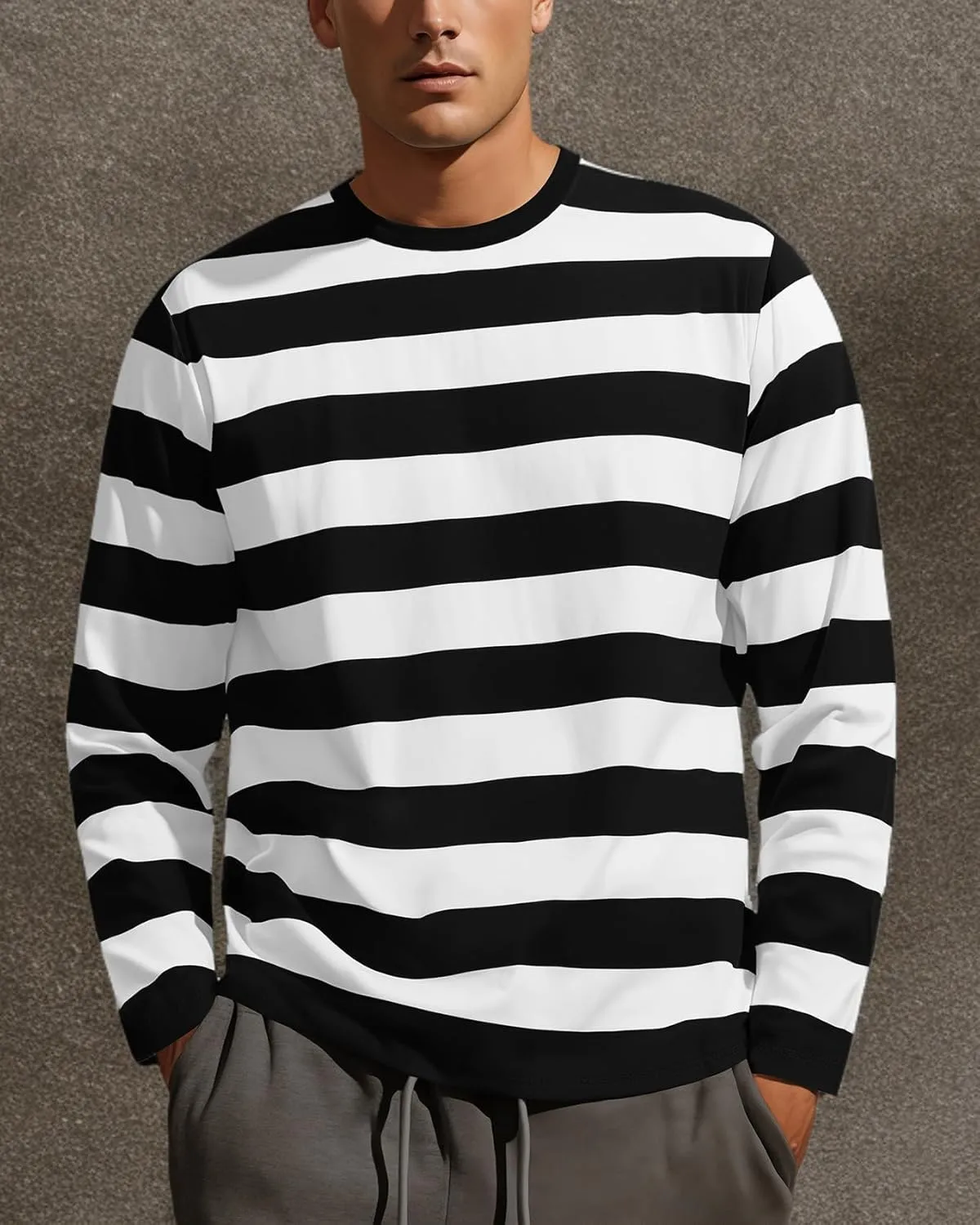 Zengjo Mens Striped T Shirt Short/Long Sleeve Crewneck Tee