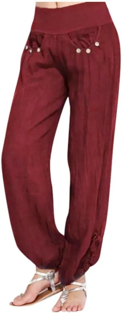 ZHUER Womens Cotton Linen Sweatpants Plus Size High Waist Harem Pants Solid Boho Beach Pants Comfy Casual Wide Leg Pants